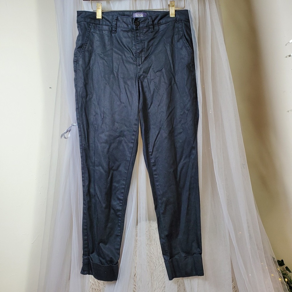 NYDJ Waxed Shiney Denim Black Jeans Lift Tuck Size 8 Cuffed Goth Grunge Party‎
